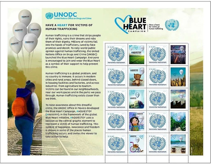 Hoja filatélica de la campaña Blue Heart de UNODC contra la trata de personas