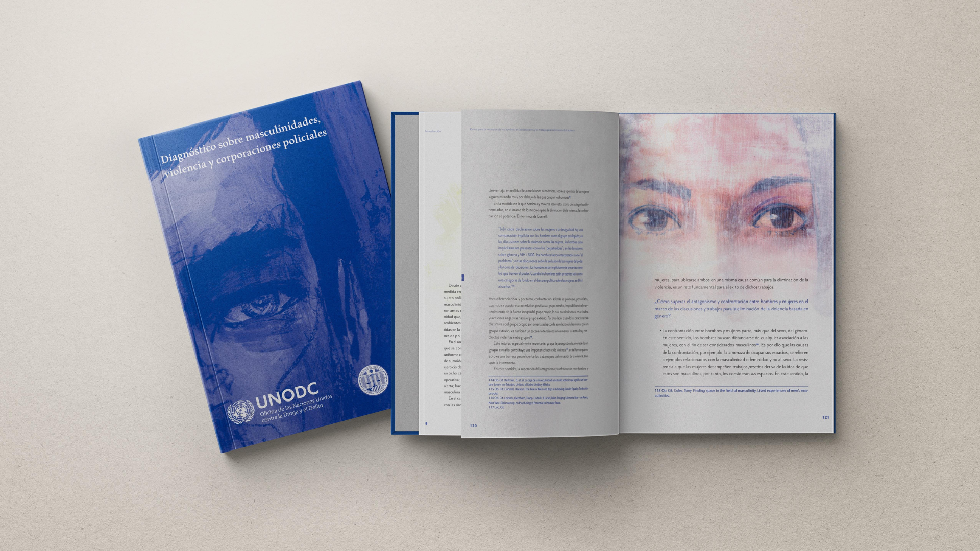Publicación de UNODC sobre masculinidades, violencia y corporaciones policiales diseñada por MOW Estudio
